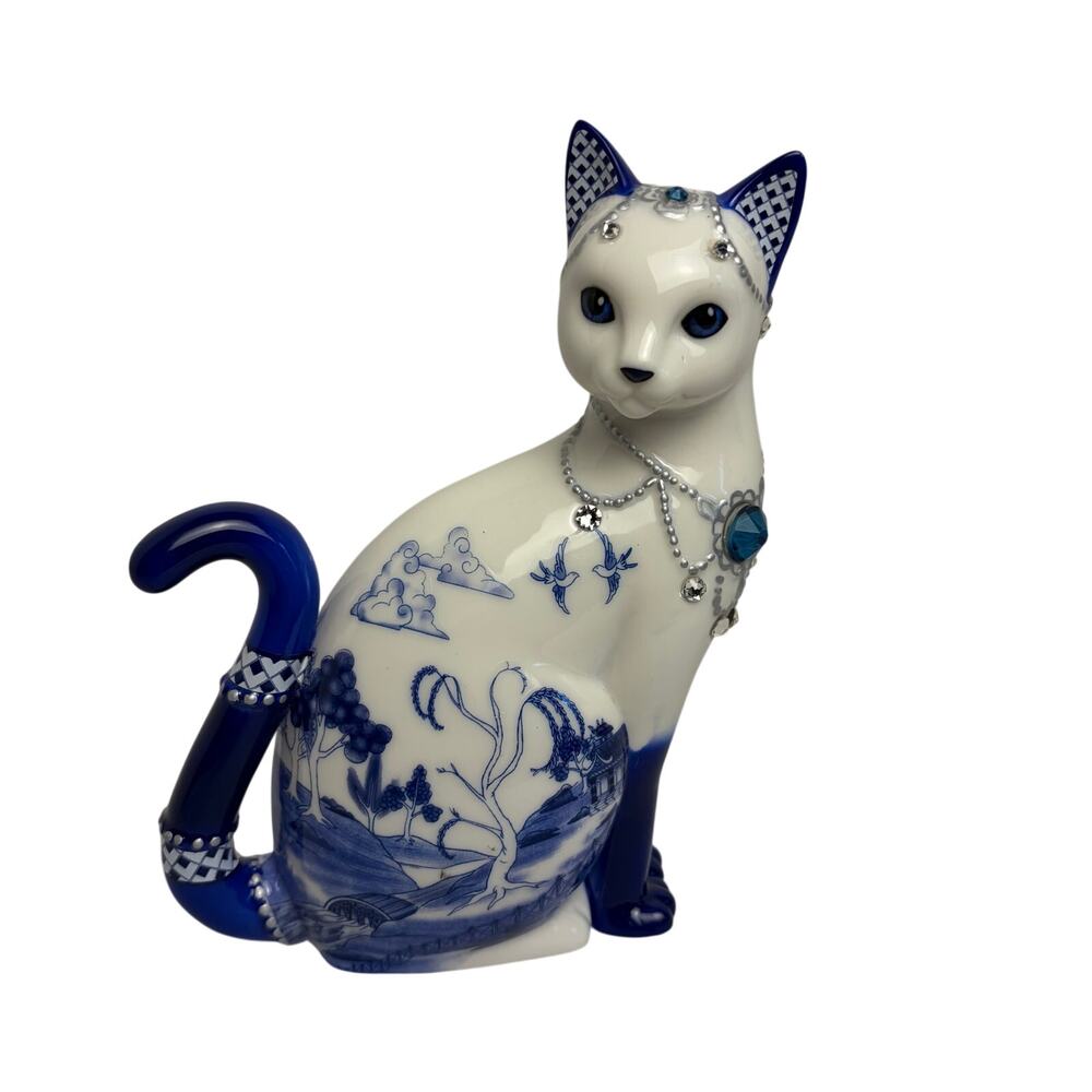 VTG Sparkling Blue Willow Cat porcelain with swarovski crystals. Figurine